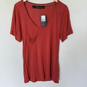 Patterson J Kincaid Slouchy Pocket Tee Revolve Rust Colored Scoop Neck